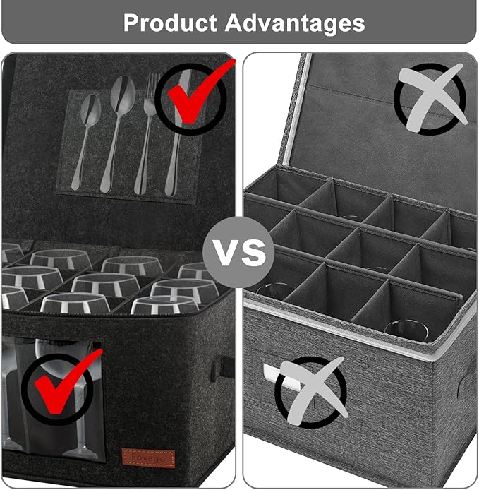 2 Pack Wine Glass Storage Box with Dividers, Stemware Storage Containers for Packing and Moving, China Storage Containers Box for 12 Crystal Glassware, Wine Glasses, Drinkware,Dark Gray-NeatNest