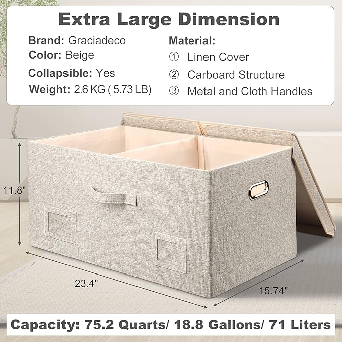 75 Quarts Extra Large Decorative Storage Bins with Lids, 3 Packs Beige Collapsible Storage Bins with Lids, Stackable Storage Bins Decorative Box Storage With Lid Extra Large-NeatNest