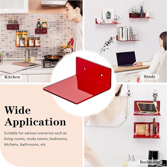 6 Inches Acrylic Small Wall Shelves, Red Floating Shelf for Wall Mounting, Acrylic Display Ledges for Funko Pop Figures, Home Décor, Living Room, Gaming Room, Plants, 2 Pack-NeatNest