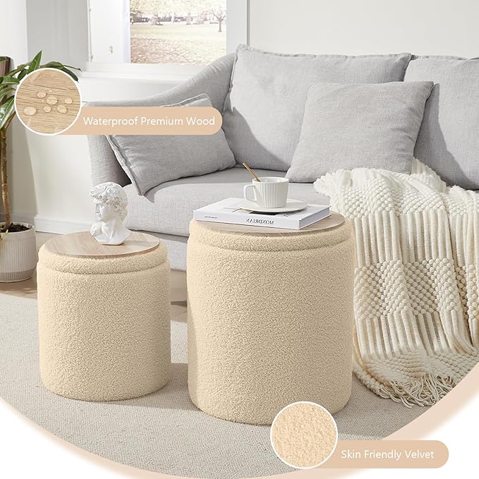 Boucle Round Ottoman with Storage Set of 2,Small Foot Stool Ottoman for Living Room, Small Coffee Table,Vanity Stool with Storage for Bedroom, Beige-NeatNest