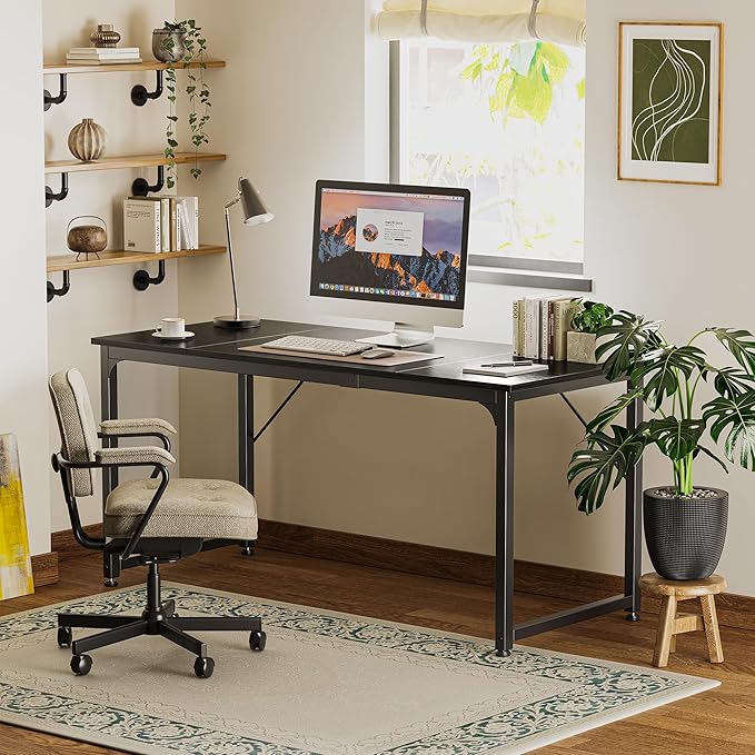 Huuger Modern Simple Office Desk, 63 Inch, Gaming & Writing Desk with Storage, Large Legroom, Metal Frame, Black-NeatNest