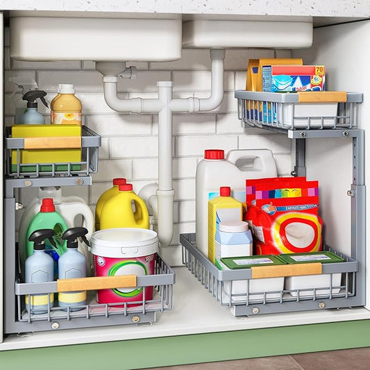 Under Sink Organizer, 2 Packs 2 Tier Under Sink Organizers and Storage, Slide out Pull out Cabinet Organizer Shelf, Metal Sliding Drawer for Kitchen Bathroom Pantry Closet Rack(Grey)-NeatNest
