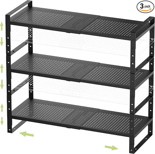 Expandable Stackable Aadjustable Shoe Rack Pantry Shelf for Kitchen Cabinets Counter Shelves Countertop Cupboard Storage Solution,Sturdy Heavy-Duty Metal Construction(3Packs/Black/Large)-NeatNest