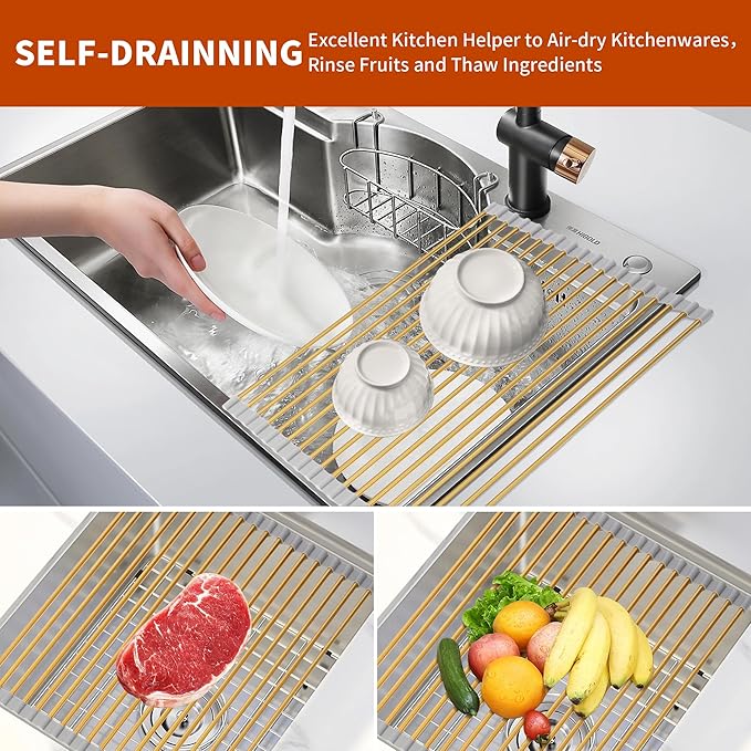 Golden Roll-UP Dish Drying Rack-Large Stainless Steel Dish Drainer Over The Sink for Kitchen Countertop, Applicable for Sink Width Less Than 16.5in (Gold,17.8'x 15.7')