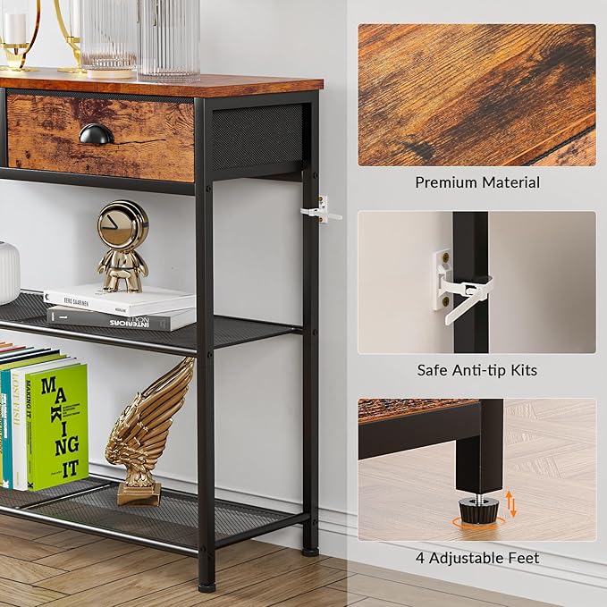 Furologee Console Sofa Table with Storage Shelf for Entry Way, Small 30'' Entryway Table with 2 Fabric Drawers, Industrial Display Shelves for Hallway, Entrance, Foyer, Rustic Brown-NeatNest