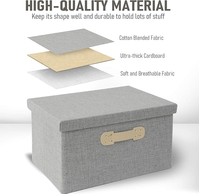 Enzk&Unity Decorative Storage Boxes with Lids, 3 Pack Grey Fabric Storage Bins with Handle, Foldbale and Stackable Storage Boxes for Shelf, Closet, Bedroom, Living Room-NeatNest