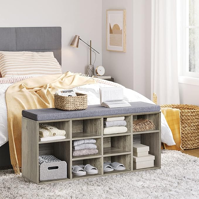 DINZI LVJ Shoe Bench, 12 Cubbies Shoe Organizer for Entryway, Storage Bench with Cushion, Cubby Shoe Rack with Adjustable Shelves for Living Room, Bedroom, Mudroom, Hallway, Gray Wash-NeatNest