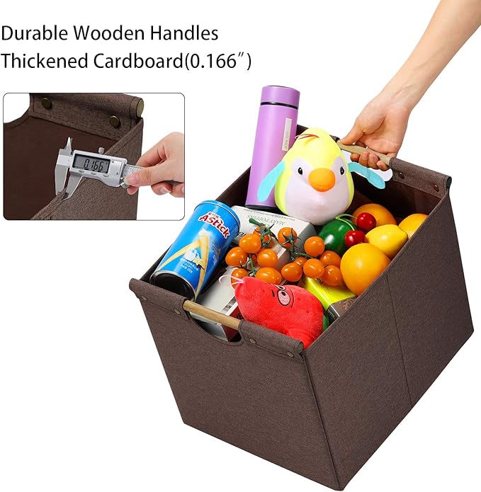 HOONEX Large Collapsible Storage Bins, Linen Fabric, 2 Pack, Storage Baskets with Wooden Carry Handles and Sturdy Heavy Cardboard, for Home, Office, Car, Nursery, Brown