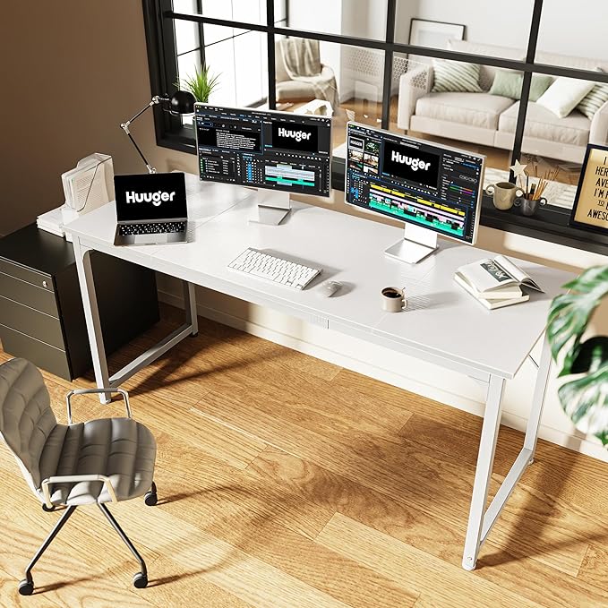Huuger Computer Desk, 63 Inch Office Desk, Gaming Desk with Storage, Writing Desk Work Desk for Home Office, Study, Modern Simple Desk, Large Legroom, Metal Frame, White-NeatNest