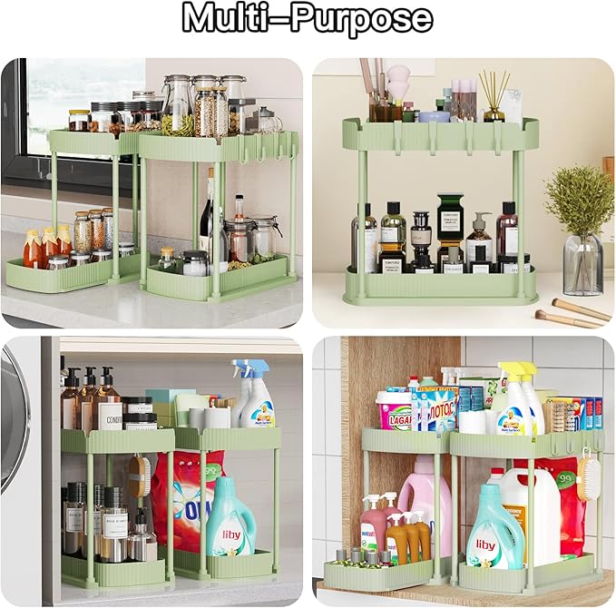2 Pack Multi-Purpose Pull-Out Storage Organizers, Under Sink Organizers and Storage for Bathroom & Kitchen, Under Cabinet Organizers and storage, 12.8 Inch, Green-NeatNest