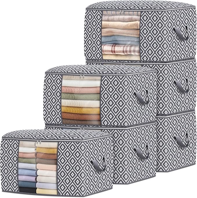 Direct 100L, 6 Pack, Storage Containers, Large Clothes Storage Bins Foldable Organization and Storage Bags with Reinforced Handle, Clear Window for Bedding, Blankets, Clothing, Grey-NeatNest