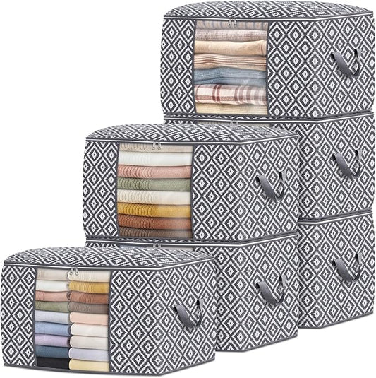 Direct 100L, 6 Pack, Storage Containers, Large Clothes Storage Bins Foldable Organization and Storage Bags with Reinforced Handle, Clear Window for Bedding, Blankets, Clothing, Grey-NeatNest