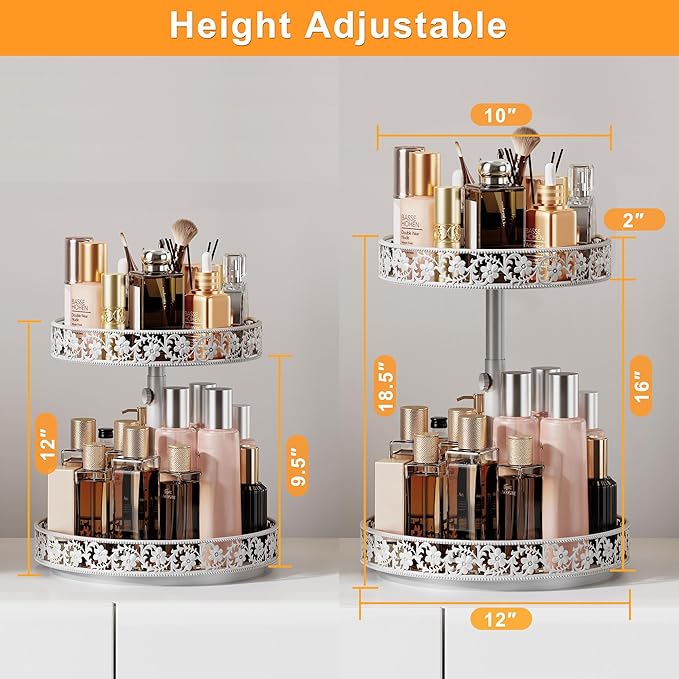 2 Tier Lazy Susan Organizer Turntable Adjustable,12 Inch Two Tier Lazy Susan Metal Easy Assembly Cleaning, Rotating Spice Rack Organizer for Cabinet Dining Table Kitchen Countertop White-NeatNest