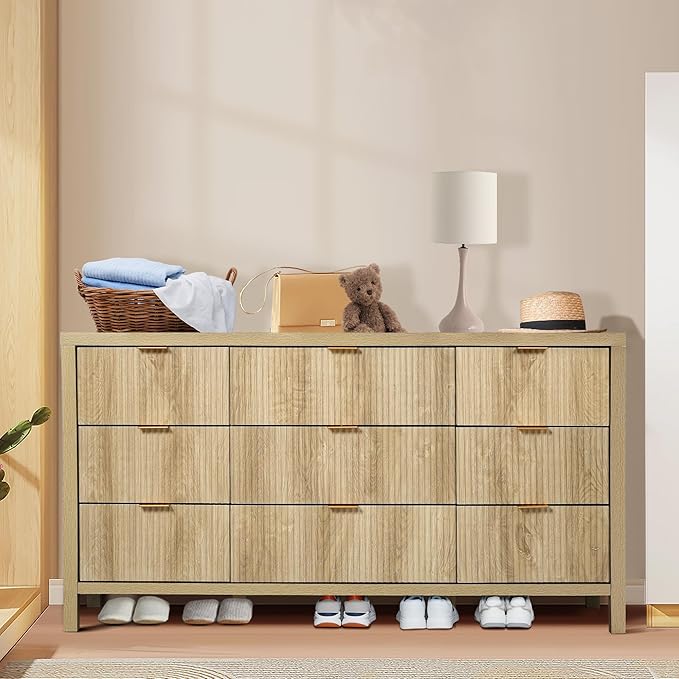 9 Drawer Dresser Cabinet, Long Nightstand with Drawers and Storage Cabinet, Boho Solid Wood Dresser TV Stand, Mid Century Modern Nightstand with 9 Drawer Dresser for Bedroom Closet (Natural)