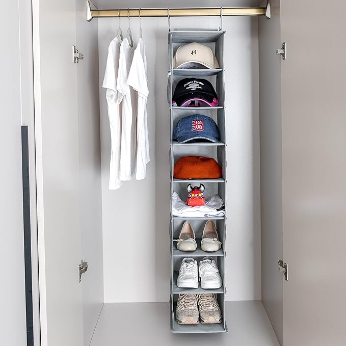 Hanging Shoe Organizer for Closet with Side Mesh Pockets，Hat Racks for Baseball Caps，Shoe and Hat Holder & Storage，8-Shelf，Gray，1 Pack-NeatNest