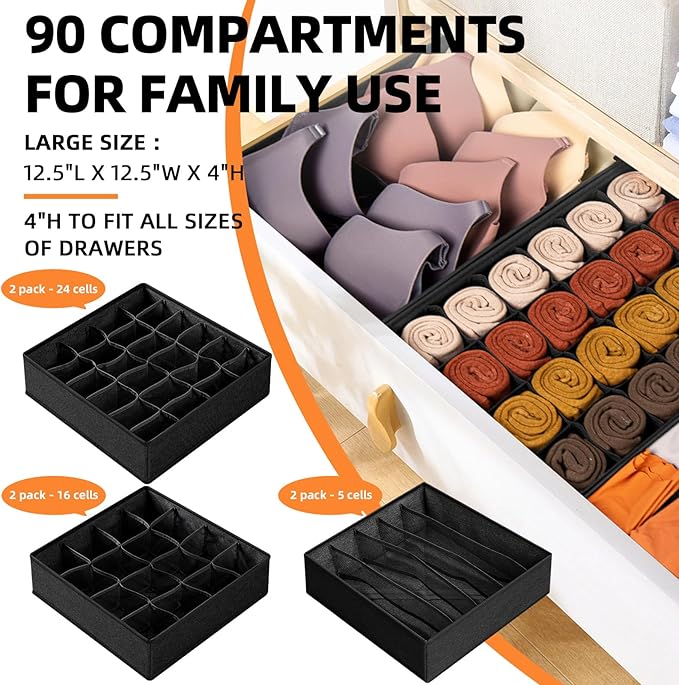 Criusia 6 Pack Sock Underwear Drawer Organizer Dividers - Dresser Organizer for Baby Clothes - Closet Organizers and Storage for Bedroom Essentials for Dorm Room/New Home/Apartment (Black)-NeatNest