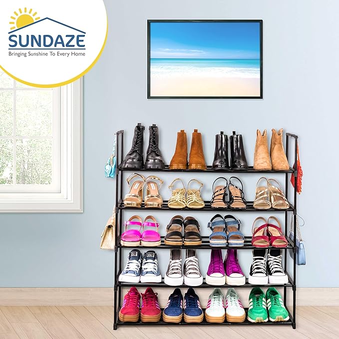 Sundaze Shoe Rack - 5 Tier Metal Shoe Rack for Front Door Entrance, Sturdy Long Shoe Organizer for Closet, Bedroom, Entryway, Garage, Black Metal Shoe Shelf, Holds Up to 25 Pairs-NeatNest