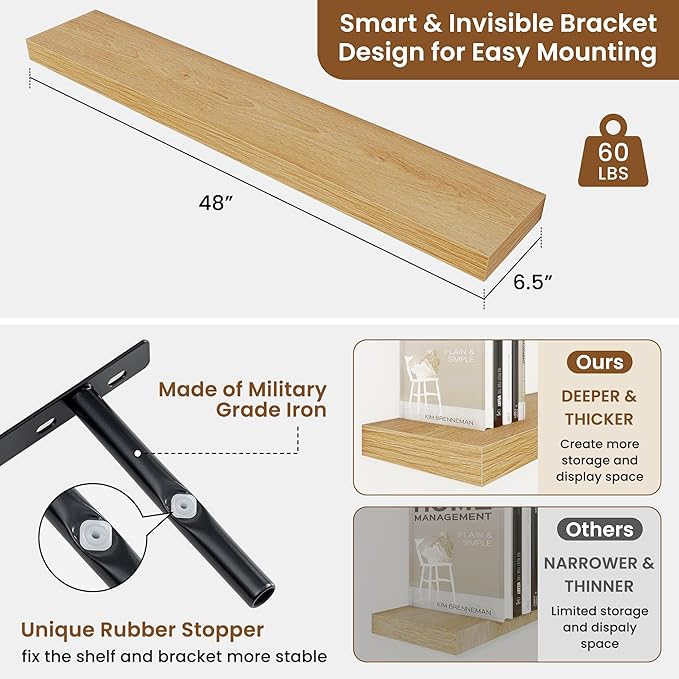 fuqing Floating Shelves for Wall, Bathroom Shelf Wall Mounted for Storage, Shelves with Invisible Bracket for Bedroom, Kitchen, Living Room, Farmhouse Small Book Shelf, 48 Inch Set of 2, Oak-NeatNest