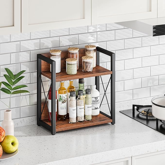 Giikin Counter Shelf Organizer, 2 Tier Kitchen Spice Rack for Countertop, Wood Coffee Counter Organizer for Home (Rustic Brown, L)-NeatNest