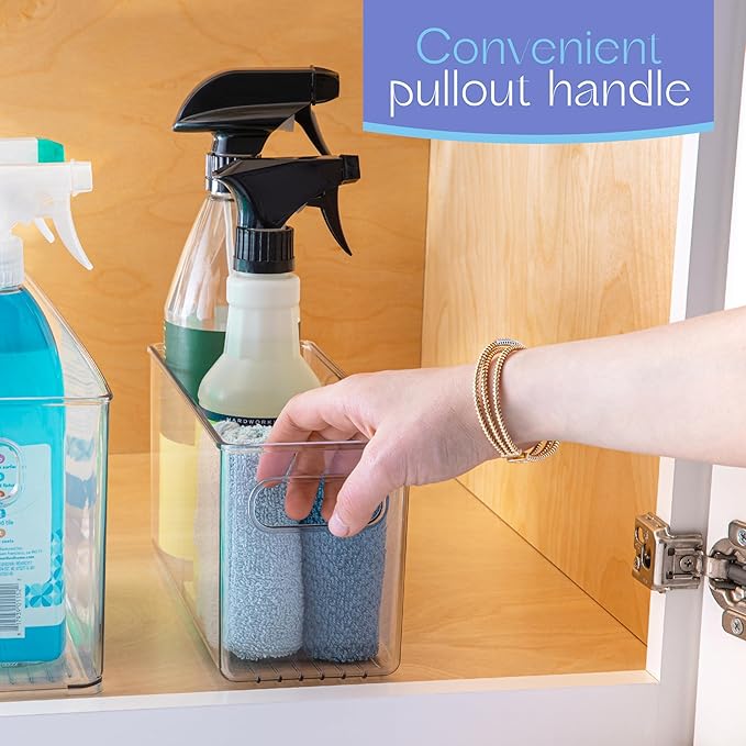 Clear Plastic 4 Pack Storage Container Bin with Integrated Easy Grip Handles. For Kitchen, Fridge, Freezer, Cabinet, Pantry, Bathroom Organization. 10"x4"x5"-NeatNest