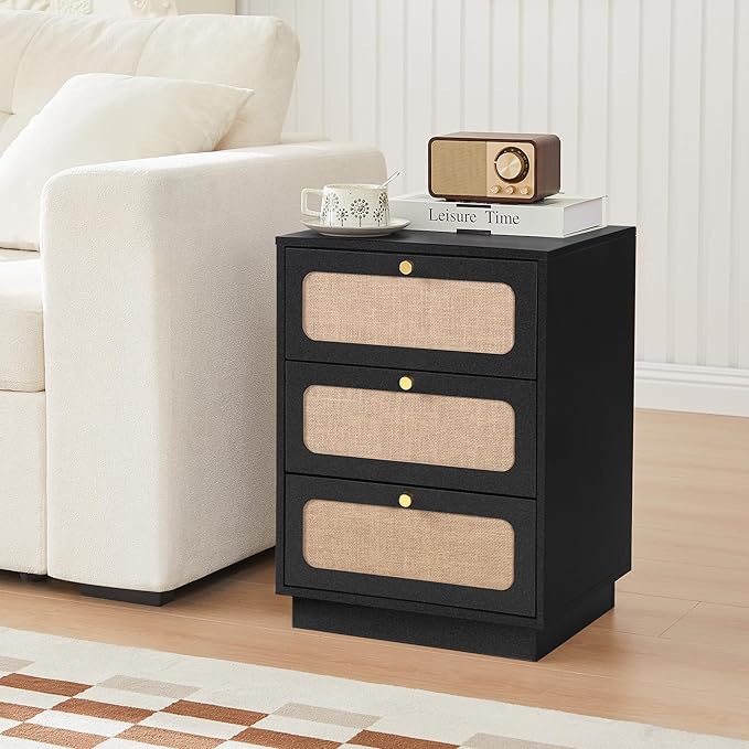 16 Inch Nightstand with 3 Drawer, Modern Wood Night Stand Storage with Linen Decor, Farmhouse Small Side Table for Sofa Couch, End Table for Bedside Bedroom, Living Room (Black)