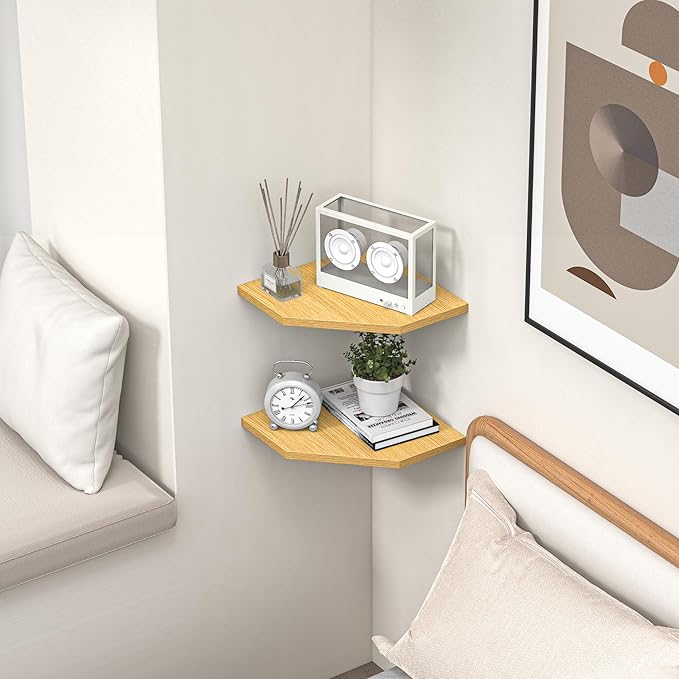 Corner Shelf Wall Mount, Floating Corner Shelves, Set of 2 Corner Wall Shelf Organizer, Rustic Wood Wall Storage Display Shelves for Living Room Bedroom Bathroom Kitchen, Rustic Brown, Oak-NeatNest