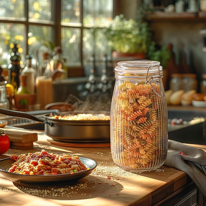 ComSaf Airtight Glass jar with lid 51oz Set of 3, Glass Storage Containers with Lids, Large Glass Canister, Striped Clip Fastening Jar for for Canning, Flour, Pasta,Coffee Beans, Cereal, Rice, Pickle-NeatNest