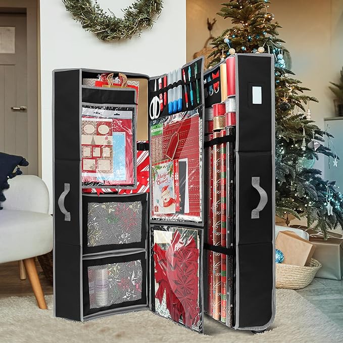 Hearth & Harbor Holiday Storage with Extra 2 PC of Christmas Storage Bins and Ribbon Storage Organizer - Fade Resistant Wrapping Paper Storage Containers with Wheels Fits Up to 30 Rolls of 40" Length-NeatNest