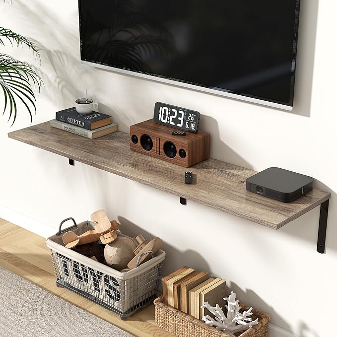 Fun Memories Floating Shelves for Wall, 12 Inch Deep Floating Shelves Set of 2, Wall Mounted Shelf with Metal Brackets, Rustic Wood Wide Shelf for Bathroom, Kitchen and Living Room, Grey, 55W x 12D-NeatNest