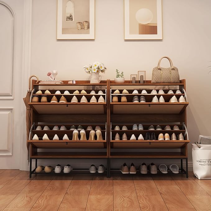 AVZEAR Narrow Shoe Storage Cabinet for Entryway with 2 Flip Drawers, Freestanding Shoe Cabinet with Natural Linen Panel, Slim Wood Shoe Organizer Closed Shoe Rack for Hallway, Foyer(Walnut)-NeatNest