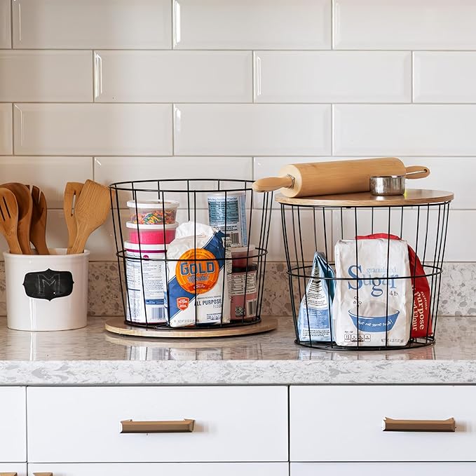 IRIS USA Round Wire Basket with Wooden Lid, 2 Pack, Potato Onion Vegetable Storage, Nestable Storage Bins, Water Resistant Surface, Living Room Bathroom Kitchen, Durable Easy Assembly Space Saving