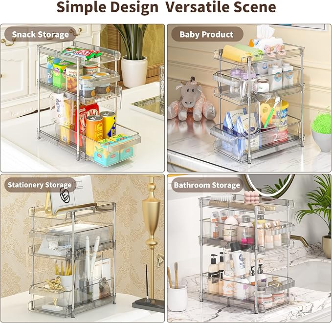 Clear Bathroom Organizers 2 Sets 3 Tier, Pull Out Organizer and Storage with 2 Cups, Slide Out Drawer Storage Container with 6 Dividers, Multi-Purpose Bathroom Organizer, Kitchen Under Sink Organizer-NeatNest