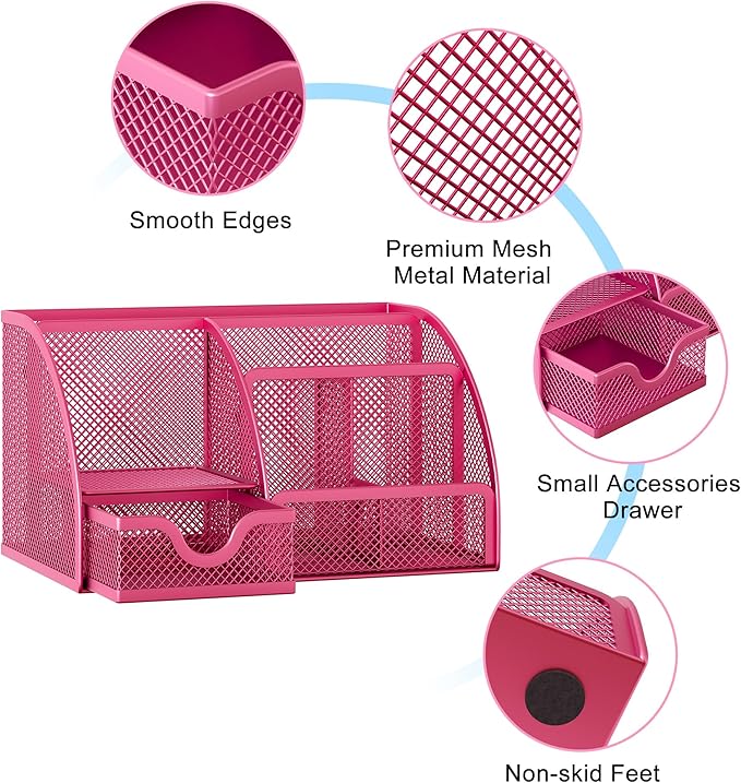 EasyPAG Mesh Desk Organizer, Multi-functional Stationery Organizer for School Supplies, Office Pen Holder for Desk, 6 Compartments Dorm Organization with Drawer, Pink
