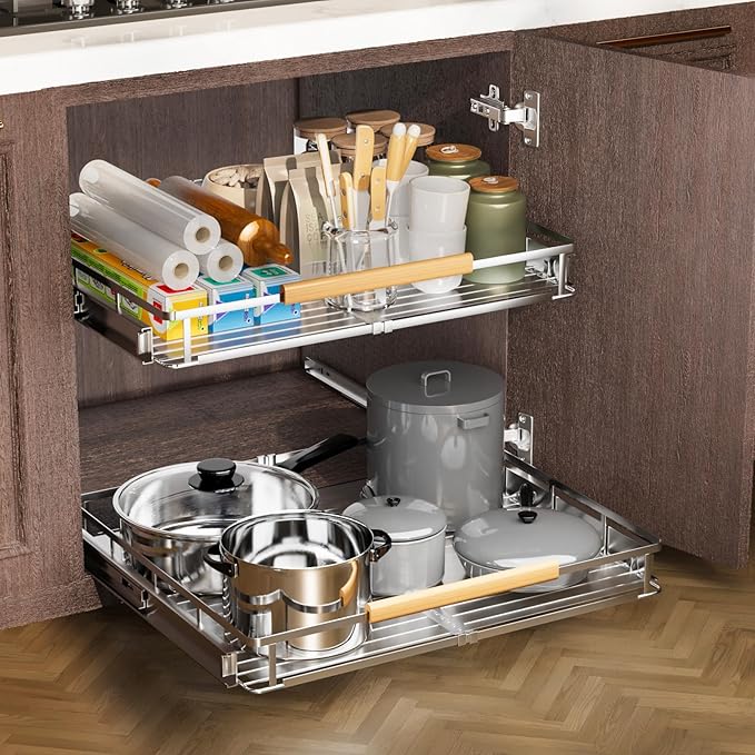 1 Pack Expandable Pull Out Cabinet Organizer，Side Mounting 23.2~39.99"x22.5"Cabinet Pull Out Shelves, Expandable Slide Out Spice Rack for Kitchen Bathroom Office-NeatNest