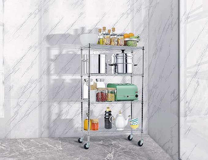 4-Tier Metal Wire Shelving Unit Kitchen Shelf Organizer Height Adjustable Storage Rack Utility Snack Shelf, NSF Certified Storage Shelves for Laundry Bathroom Kitchen Pantry Organization