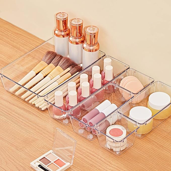 SMARTAKE 28 Piece Drawer Organizers with Non-Slip Silicone Pads, 4-Size Desk Drawer Organizer Trays Storage Tray for Makeup, Jewelries, Utensils in Bedroom Dresser, Office and Kitchen, Clear-NeatNest
