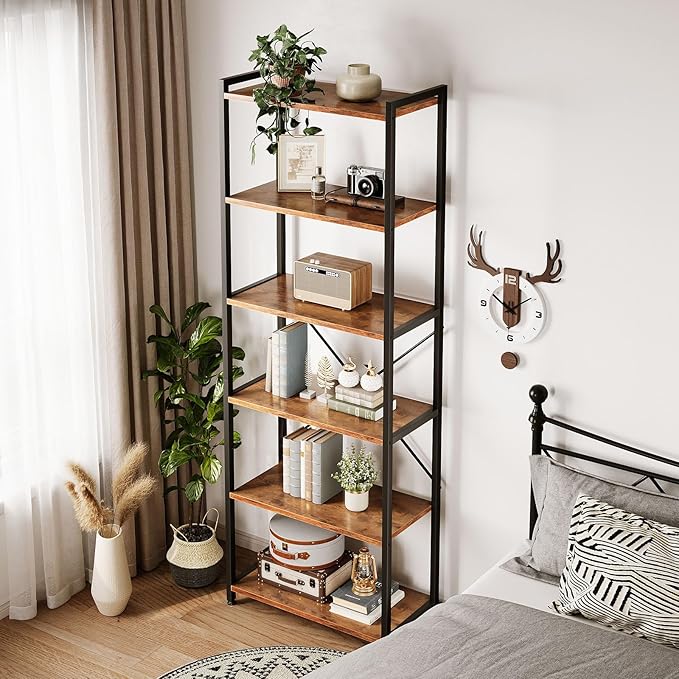 Casaottima Book Shelf, 6 Tier Tall Bookshelf, Modern Wood Bookcase Shelves for Bedroom, Industrial Display Shelf for Living Room Home Office Kitchen, Standing Shelving Unit Storage Organizer, Vintage-NeatNest