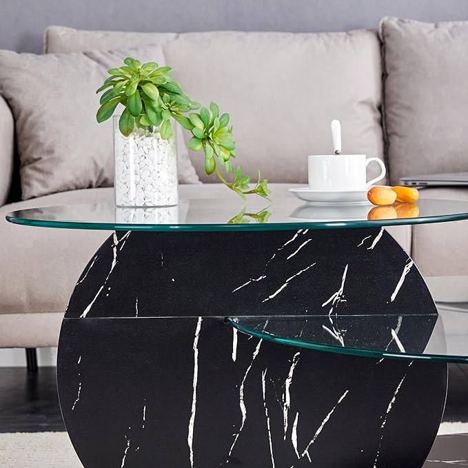 Glass Coffee Tables for Living Room Round Coffee Tables Modern Double Layer Round Table Circle Coffee Table for Small Space Home Office (42 Inch Black)