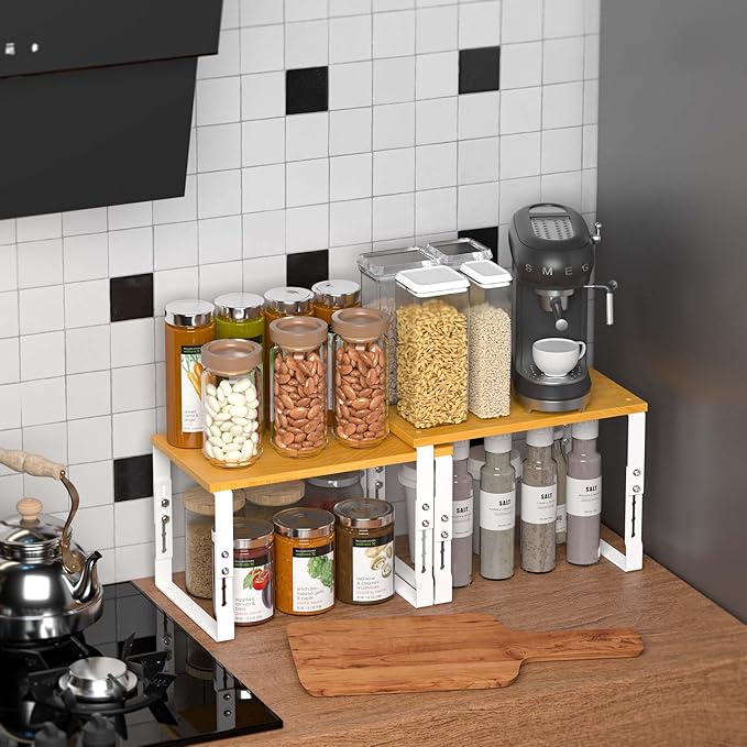 Expandable Kitchen Cabinet Organizer Shelves – Stackable Adjustable Metal and Wood Storage Racks for Countertop, Pantry, Garage Set of 2 Spice Rack – Easy Assembly, Space-Saving(2 Packs/Large/White)-NeatNest