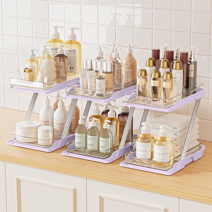 3 Pack Bathroom Organizers and Storage - Multi-Purpose,2-Tier Clear Pull Out Organization for Bathroom,Under Sink,Kitchen,Vanity,Countertop,Cabinet,Pantry & Medicine Cabinet,Pink-NeatNest
