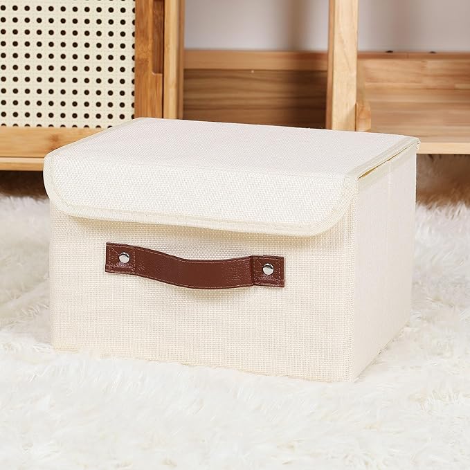 ANMINY 4PCS Storage Bins with Lid PU Leather Handles Storage Boxes PP Plastic Board Decorative Foldable Lidded Cotton Linen Fabric Home Cubes Baskets Closet Organizer Containers - Beige, Small Size-NeatNest