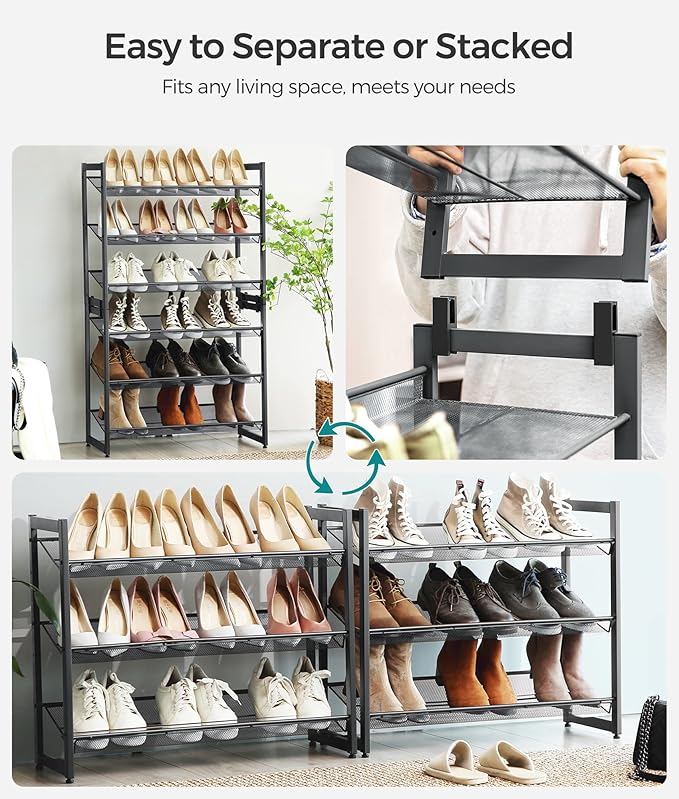 SONGMICS Shoe Rack, 6-Tier Shoe Organizer, Metal Rack for Garage, Set of 2, 3-Tier Stackable Shelf, with Adjustable Flat or Angled Shelves, 18-24 Pairs, Charcoal Gray ULMR003G02-NeatNest