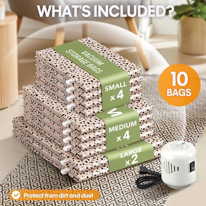 10 Pack Travel Vacuum Storage Bags with Electric Pump, 2 Large + 4 Medium + 4 Small Vacuum Sealer Bags, 80% Space Saver Bags for Luggage, Comforters and Blankets, Travel Essentials(Beige Leopard)-NeatNest