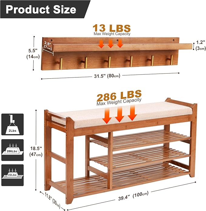 Hall Tree with Bench and Shoe Storage, Coat Rack Shoe Bench Set with Seat Cushion and 6 Hooks for Entryway, Hallway, Living Room and Bedroom-NeatNest