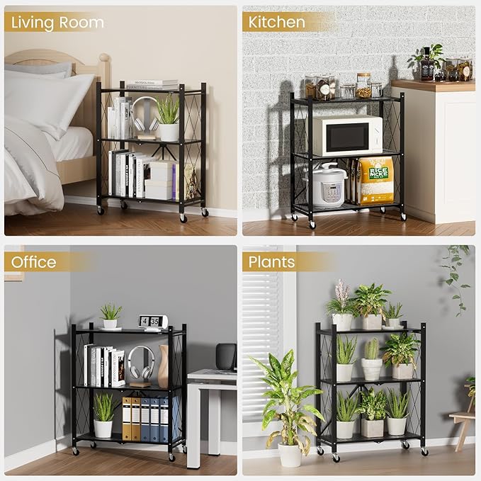 ALANNG Storage Shelves with Wheels, Bookshelf with Storage, No Assembly Metal Rack Cart for Kitchen, Office, Laundry, Garage (3 Tier, Black)