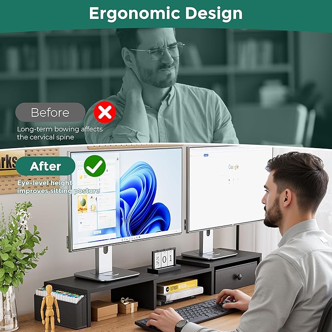 Dual Monitor Stand Riser, Adjustable Length & Swivel Angle Monitor Stand, Ergonomic Monitor Stand with Drawer & Side Pockets, Desktop Organizer and Office Desk Accessories, Black
