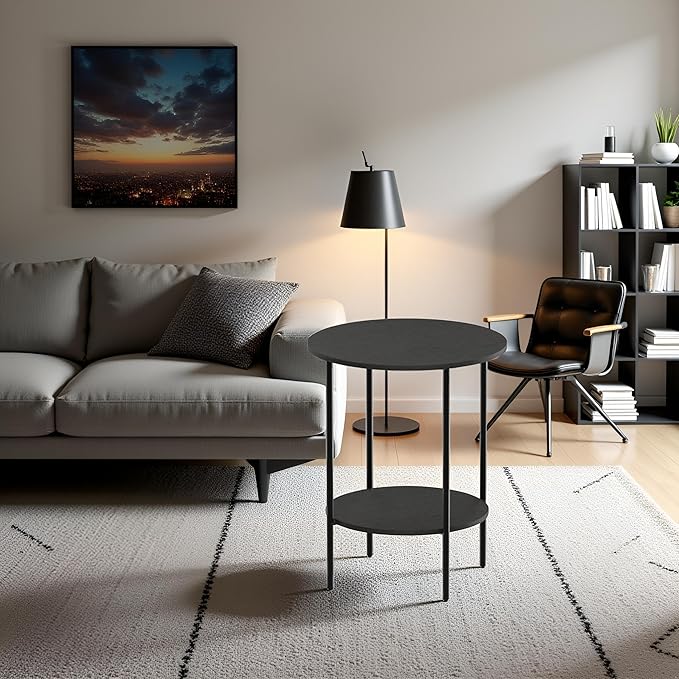 Side Table,Round End Table with 2 Storage Shelves| Compact Side Tables for Living Room, Couch, Office & Bedroom | Narrow Accent Table as Space-Saving Small Bedside Table 18x18x22in(Black)