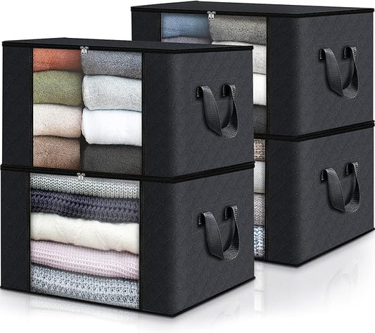 Fab totes 4 Pack Clothes Storage, Foldable Thick Fabric Blanket Storage Bags, Containers for Organizing Bedroom, Closet, Clothing, Comforter,Closet Organization with Handle,Black-NeatNest