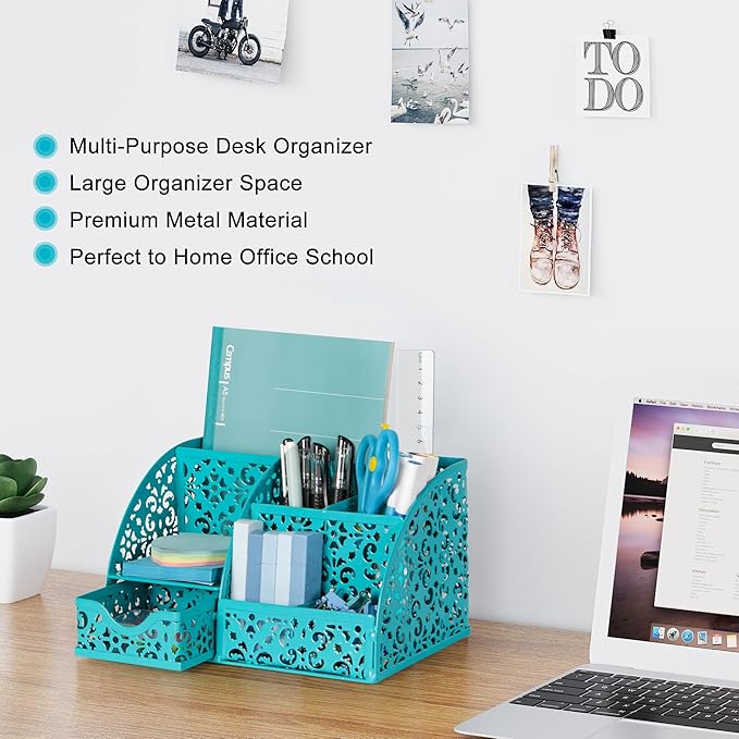 EasyPAG Desk Organizer with Sliding Drawer - 6 Compartments Metal Desktop Caddy, Decorative Elegant Hollow Flower Design, Anti-Scratch Pads for Home, Office, School, Dark Teal-NeatNest