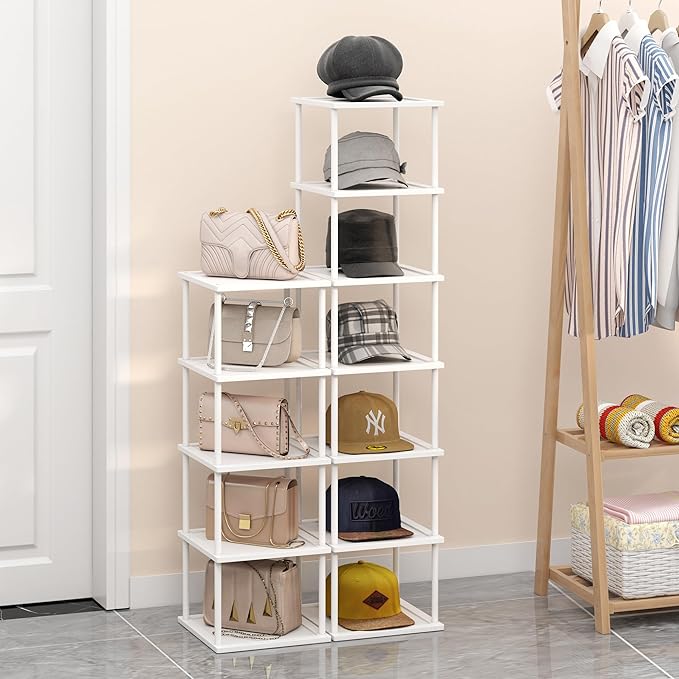 Vertical Tall Shoe Rack Organizer for Entryway -12 Tier Free Standing Slim Narrow Bamboo Wood Corner Stackable Shoe Boots Storage Stand Small Spaces for Closet Garage Cloakroom Living Room (White)-NeatNest